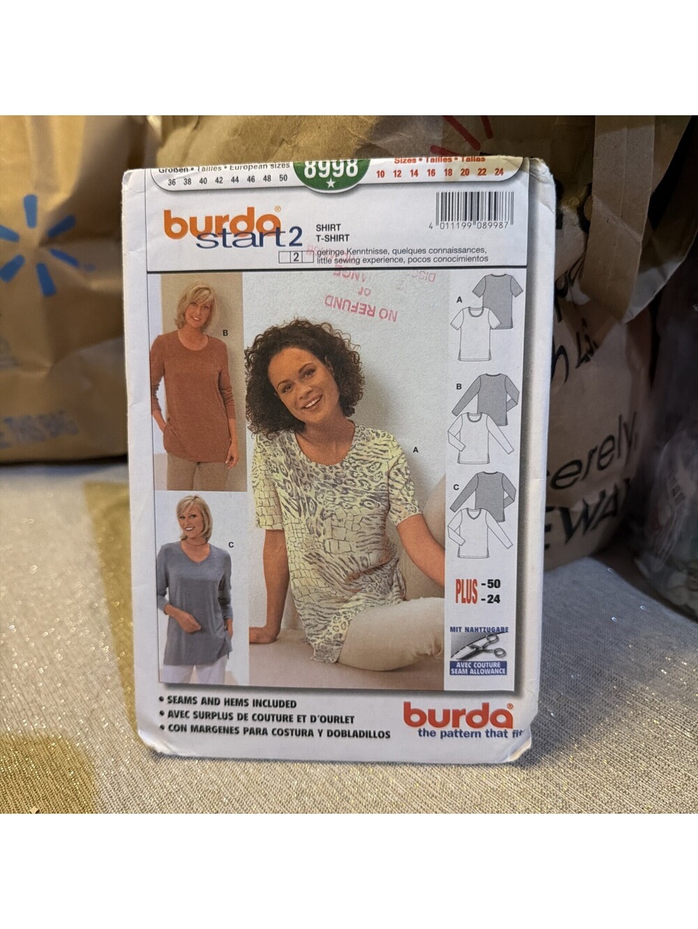 Burda Sewing Pattern 8998 T-Shirt Shirt Top Casual Semi-Fitted Sizes 10-24 Uncut